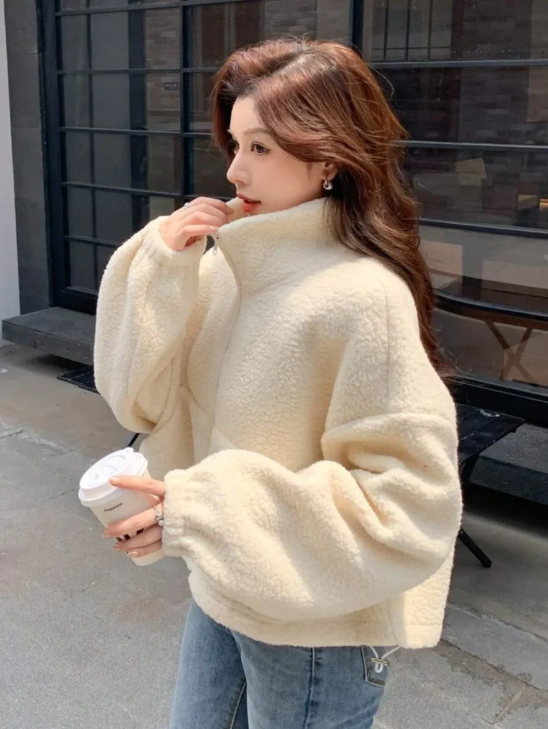 Solid Color High Neck Plus Fleece Thick Jacket
