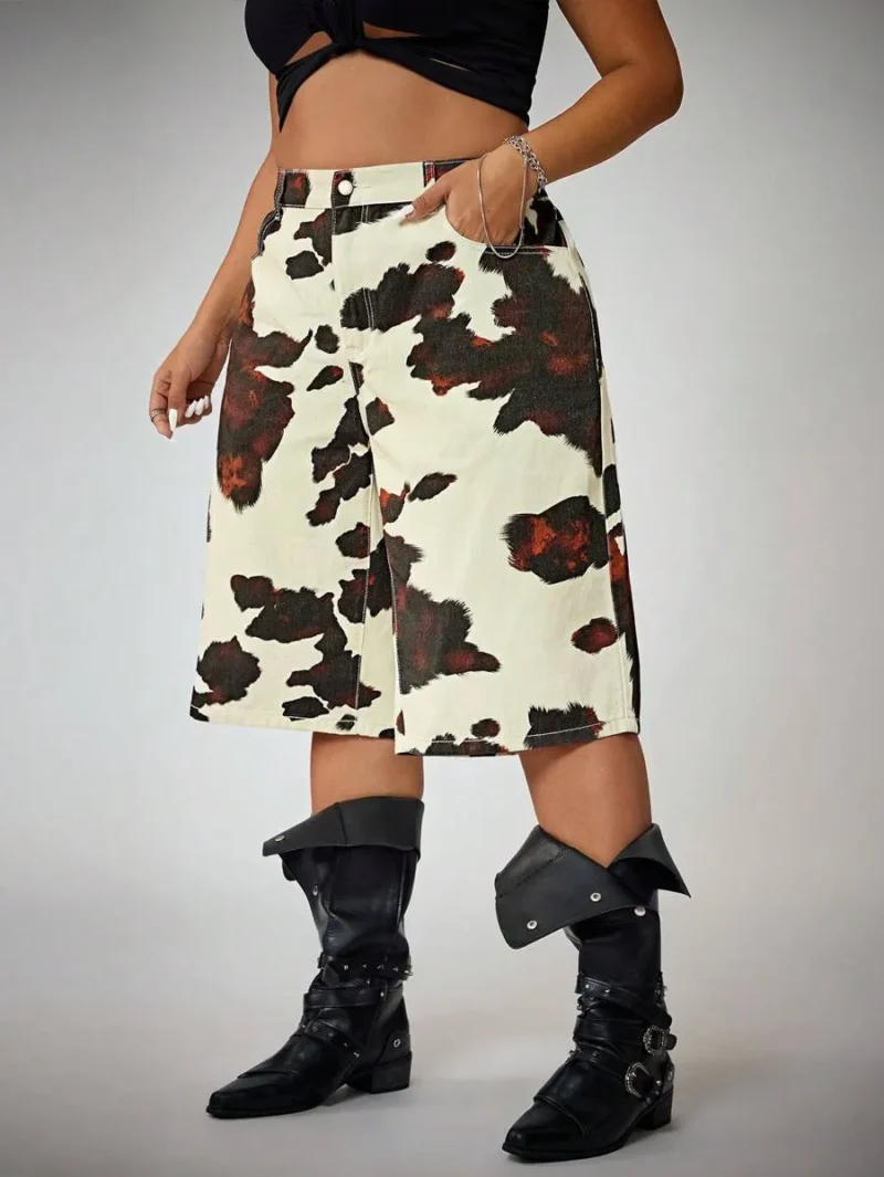 Distressed Cow Print Denim Bermuda Shorts