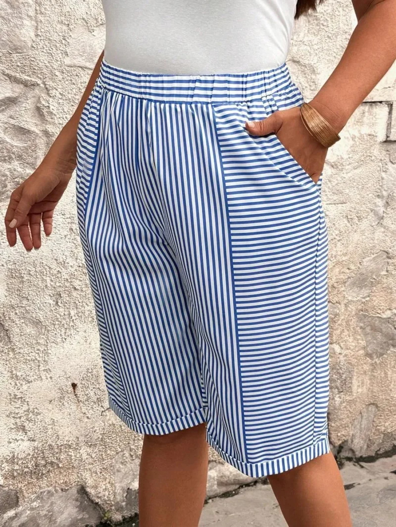 Plus Size Woven Fabric Striped Patchwork Loose Casual