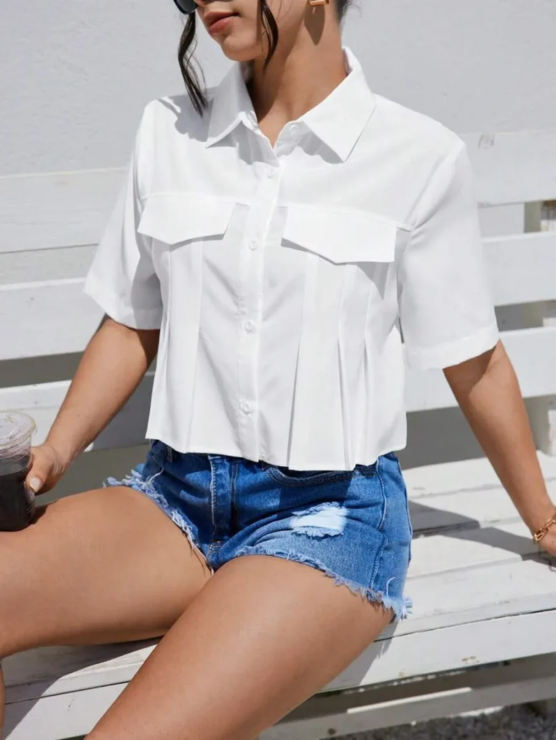 White Pleated Woven Casual Cropped Shirt